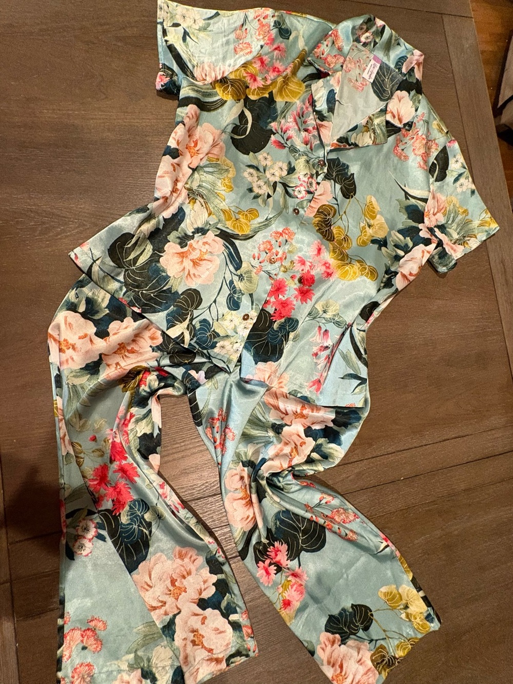 Floral Satin Short-Sleeve Button-Down Pajamas - Mint Green